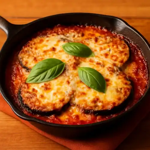 Close-up of freshly baked Eggplant Parmesan in a cast iron skillet topped with basil leaves.