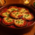 Baked Eggplant Parmesan served in a rustic brown dish, topped with melted cheese and fresh herbs.