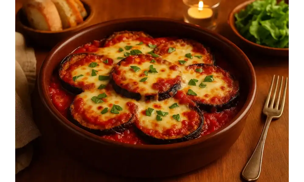 Baked Eggplant Parmesan served in a rustic brown dish, topped with melted cheese and fresh herbs.