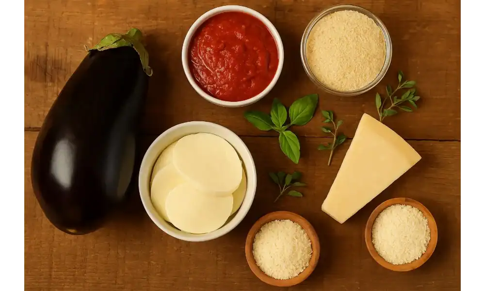 Ingredients for Eggplant Parmesan including eggplant, tomato sauce, mozzarella, parmesan, breadcrumbs, and fresh herbs on a wooden surface.