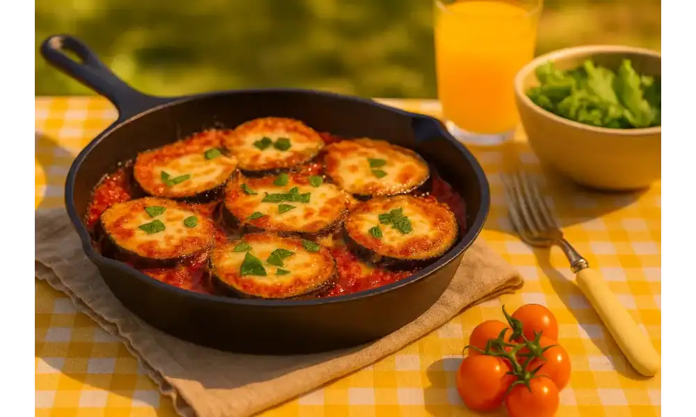 Eggplant Parmesan served in a black skillet on an outdoor summer table with fresh salad, orange juice, and cherry tomatoes.
