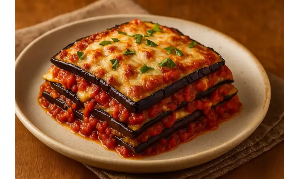 Stacked eggplant lasagna with melted cheese and tomato sauce on a beige plate.
