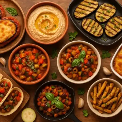 Assortment of cooked eggplant recipes including grilled slices, ratatouille, moussaka, baba ganoush, tacos, and eggplant Parmesan.