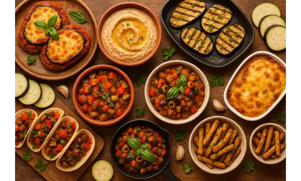 Assortment of cooked eggplant recipes including grilled slices, ratatouille, moussaka, baba ganoush, tacos, and eggplant Parmesan.