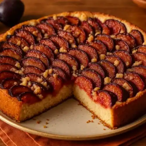 Authentic German Plum Cake (Zwetschgenkuchen) topped with fresh sliced plums and golden streusel on a rustic plate.