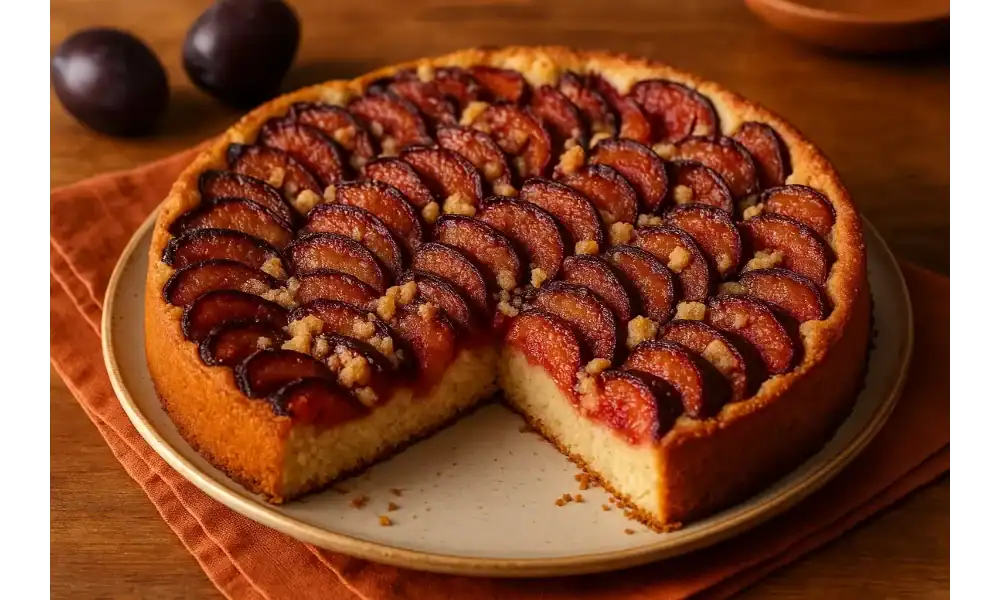Authentic German Plum Cake (Zwetschgenkuchen) topped with fresh sliced plums and golden streusel on a rustic plate.