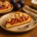 A slice of authentic German Plum Cake (Zwetschgenkuchen) served on a plate with fresh plums and golden streusel topping.