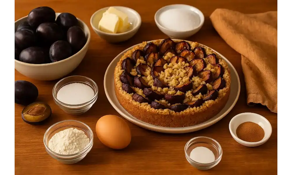 Ingredients for authentic German Plum Cake with fresh plums, flour, sugar, butter, egg, cinnamon, and a baked Zwetschgenkuchen on a wooden table.