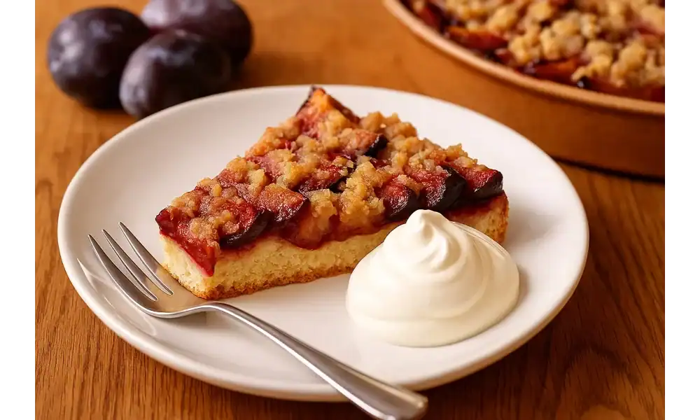 A slice of authentic German Plum Cake with streusel topping served on a white plate with whipped cream.