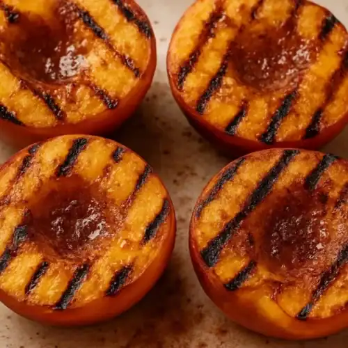 Grilled peach halves with caramelized brown sugar and cinnamon on a plate.