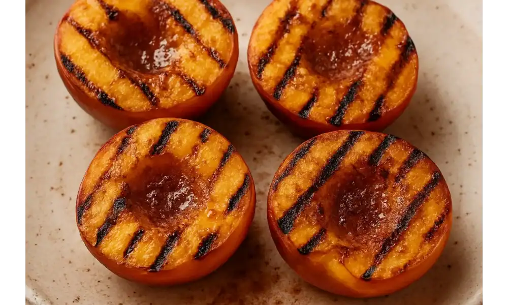 Grilled peach halves with caramelized brown sugar and cinnamon on a plate.