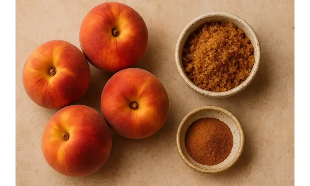 Fresh peaches with bowls of brown sugar and ground cinnamon on a rustic surface. Title: Ingredients for Easy Grilled Peaches with Brown Sugar and Cinnamon