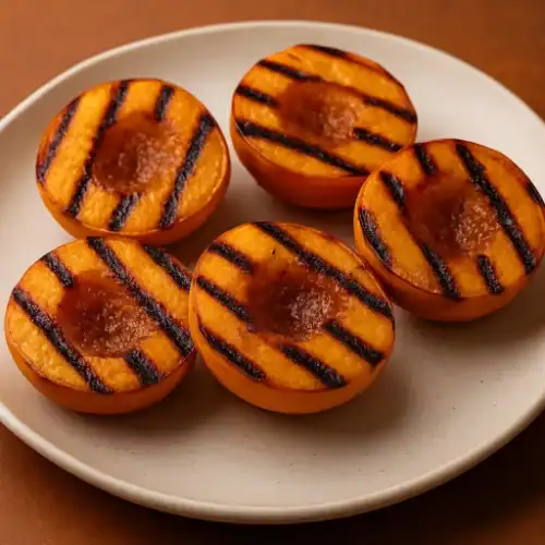 Grilled peach halves with caramelized brown sugar and cinnamon served on a ceramic plate.