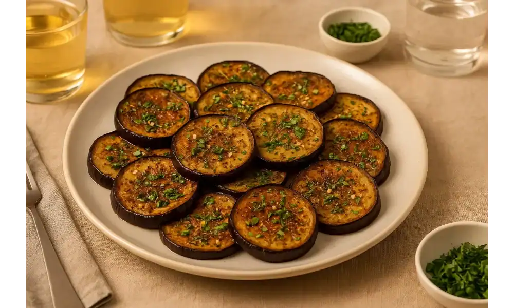 Roasted Mediterranean eggplant slices garnished with herbs on a white plate, served with non-alcoholic drinks and fresh herbs.