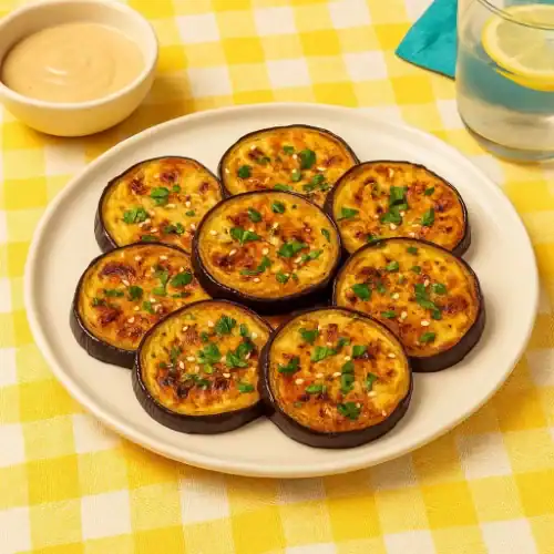 Mediterranean roasted eggplant slices on a white plate, served on a yellow checkered tablecloth with lemon water and tahini dip.