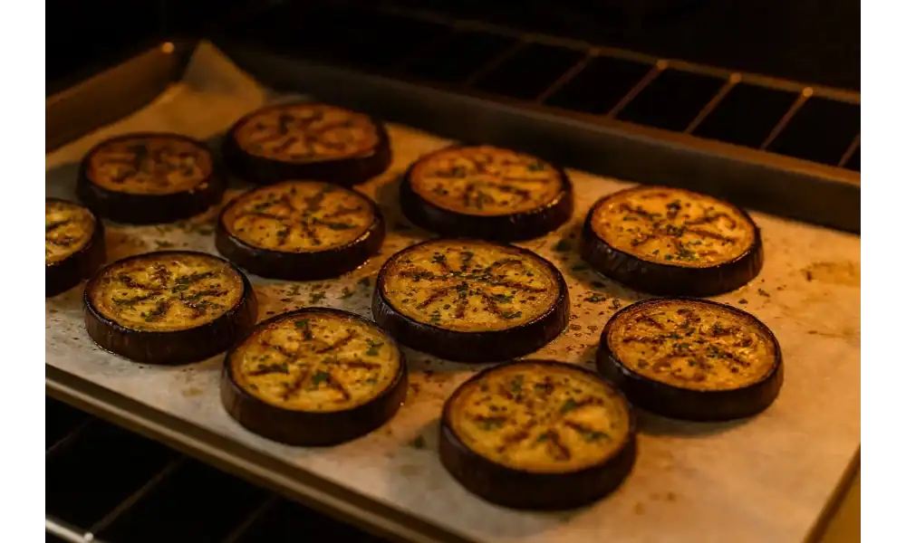 Slices of Mediterranean eggplant roasting in the oven on a parchment-lined baking tray, topped with herbs.