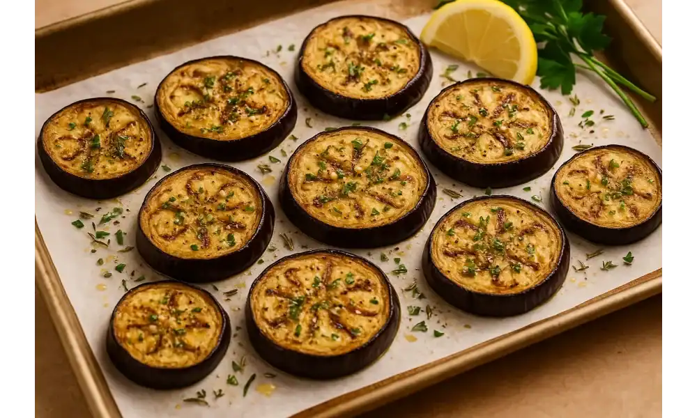 Freshly roasted Mediterranean eggplant slices on a parchment-lined tray, garnished with herbs and served with lemon and parsley.