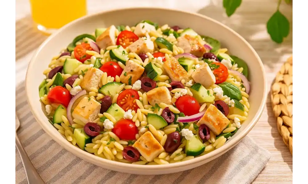 A bowl of Mediterranean orzo chicken salad with grilled chicken, cherry tomatoes, cucumbers, olives, spinach, red onion, and feta cheese served on a summer table.