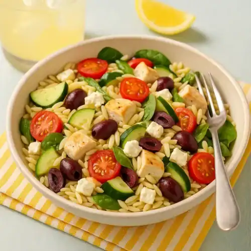A bowl of orzo chicken salad with grilled chicken, cherry tomatoes, cucumbers, olives, spinach, and feta cheese served in a summer setting.