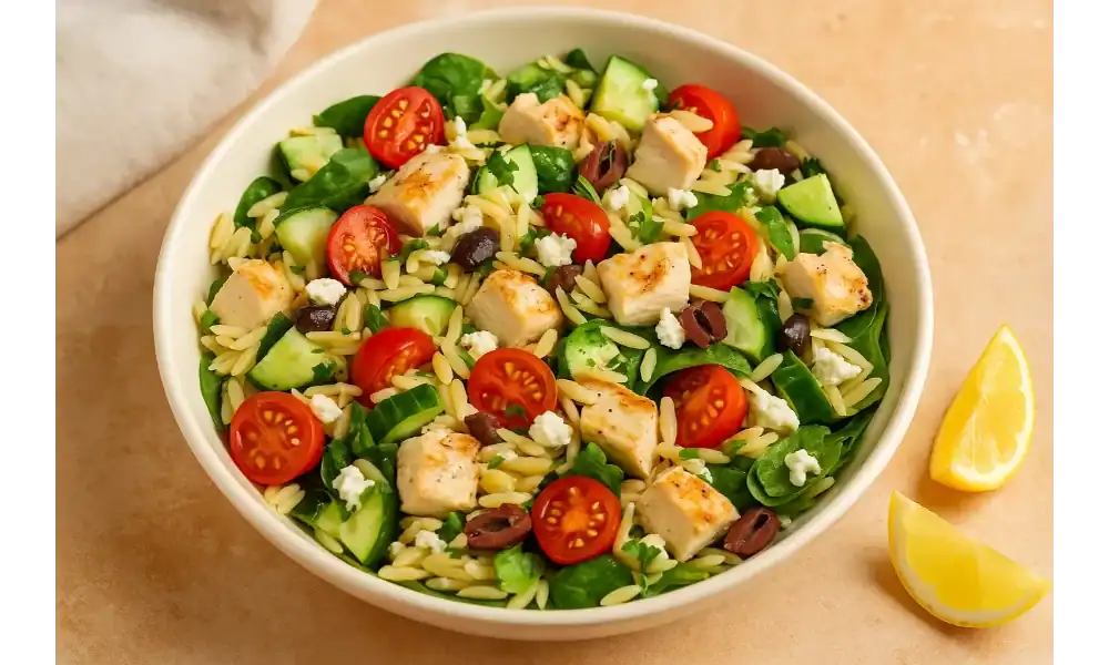 A fresh bowl of orzo chicken salad with grilled chicken, cherry tomatoes, cucumbers, spinach, feta cheese, and olives served with lemon wedges.