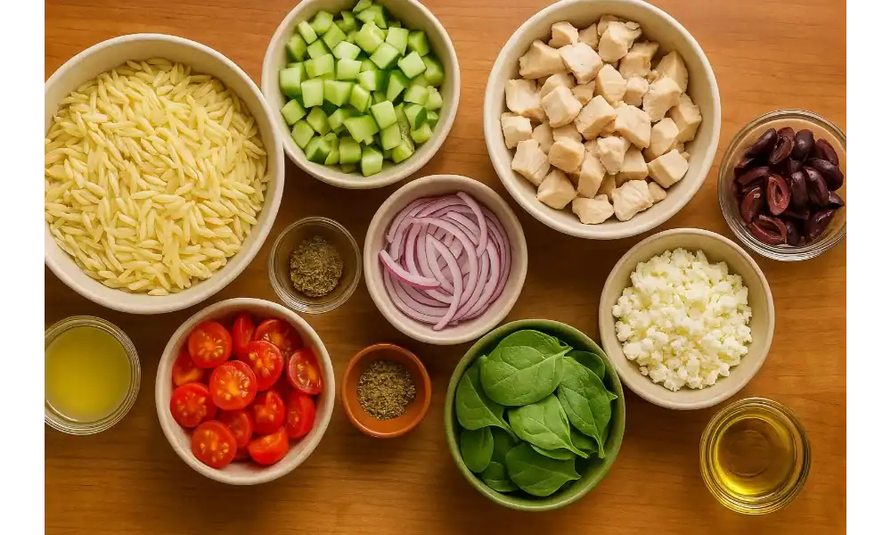 Fresh ingredients for orzo chicken salad including orzo pasta, grilled chicken, cucumbers, cherry tomatoes, spinach, red onion, olives, feta cheese, olive oil, lemon juice, and herbs arranged in bowls.