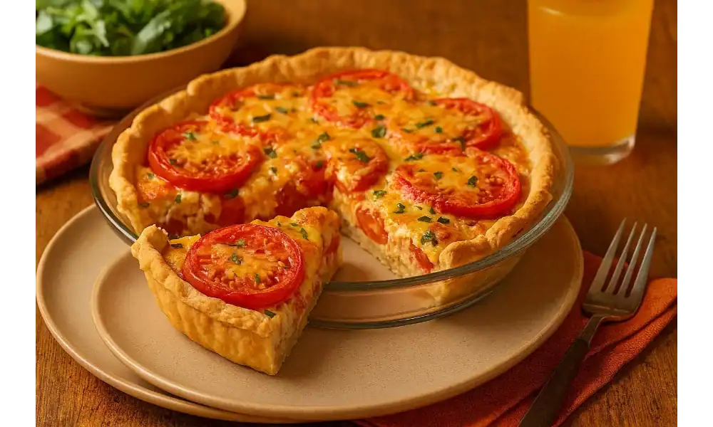 Southern-style Paula Deen tomato pie with golden crust, melted cheese, and fresh tomato slices, served on a dinner table with orange juice and salad.