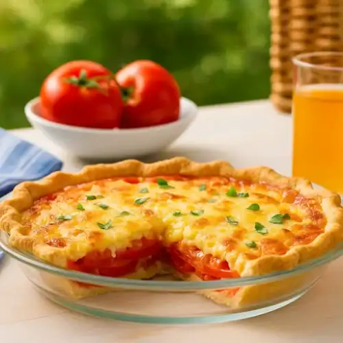 Freshly baked Paula Deen tomato pie with melted cheese, ripe tomato slices, and basil garnish served in a glass pie dish with a summer background.