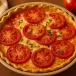 Homemade Paula Deen tomato pie with golden crust, melted cheese, and fresh tomato slices topped with herbs.