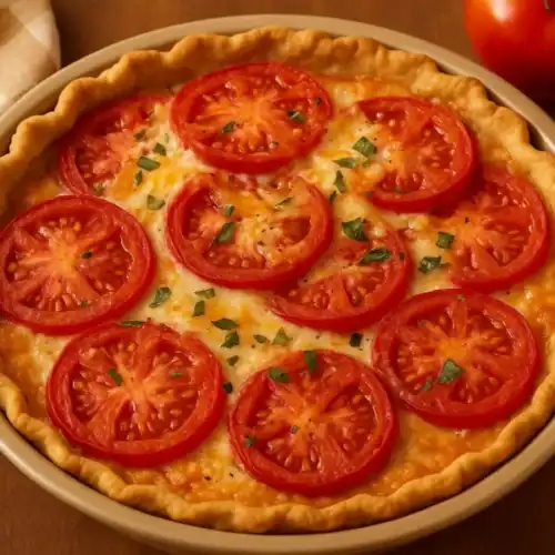 Homemade Paula Deen tomato pie with golden crust, melted cheese, and fresh tomato slices topped with herbs.