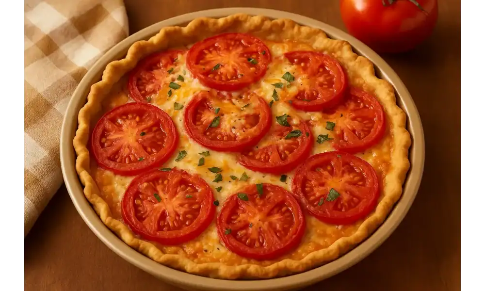 Homemade Paula Deen tomato pie with golden crust, melted cheese, and fresh tomato slices topped with herbs.
