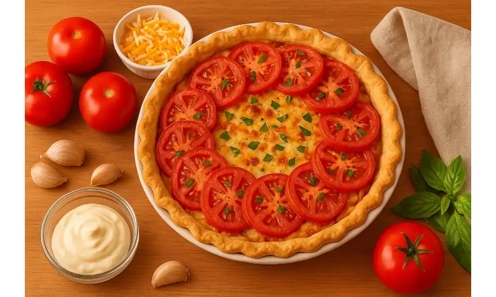 Paula Deen tomato pie with golden crust, topped with fresh tomato slices, melted cheese, basil, and surrounded by ingredients like garlic, mayonnaise, and shredded cheese.