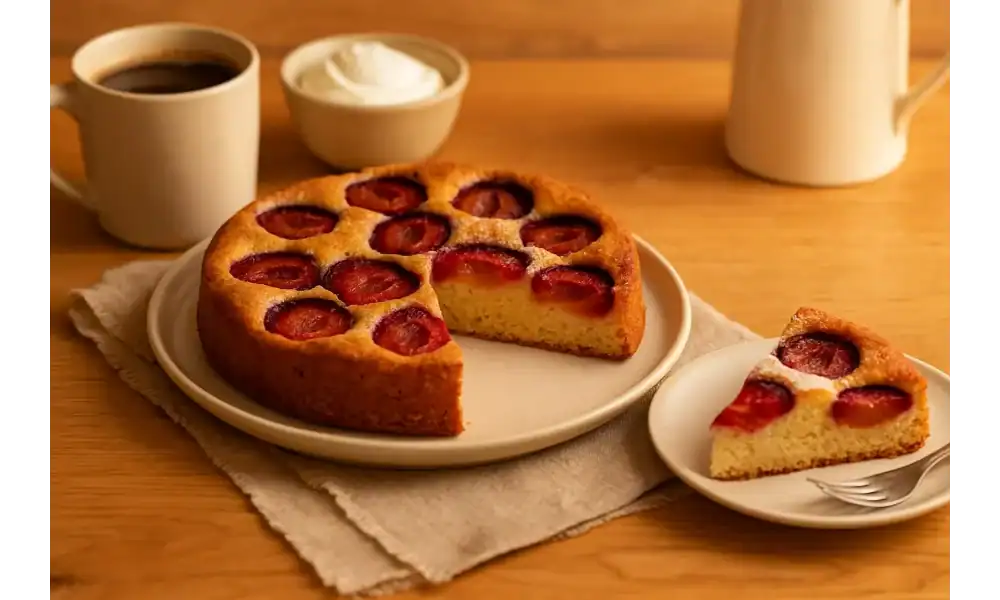 A freshly baked plum cake served with coffee and cream in a cozy breakfast setting.