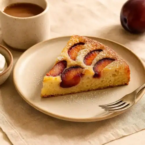 A slice of homemade plum cake on a plate served with coffee in a cozy breakfast setting.