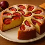 Whole homemade plum cake topped with baked plum slices and dusted with sugar on a plate.