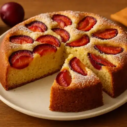 Whole homemade plum cake topped with baked plum slices and dusted with sugar on a plate.
