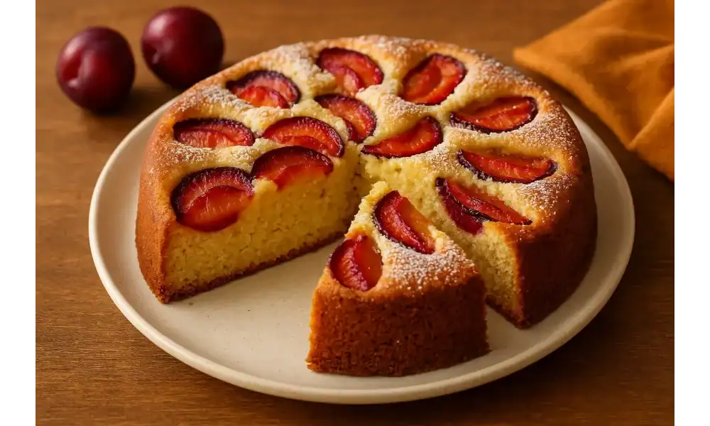 Whole homemade plum cake topped with baked plum slices and dusted with sugar on a plate.