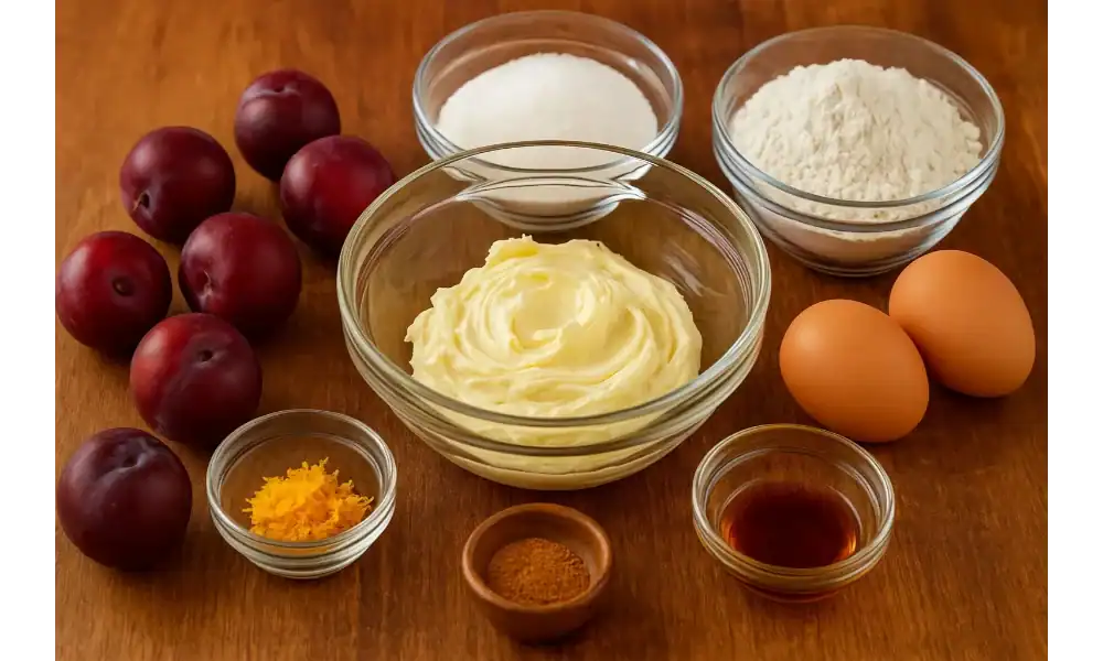 Baking ingredients for homemade plum cake including plums, flour, sugar, butter, eggs, vanilla, lemon zest, and cinnamon.
