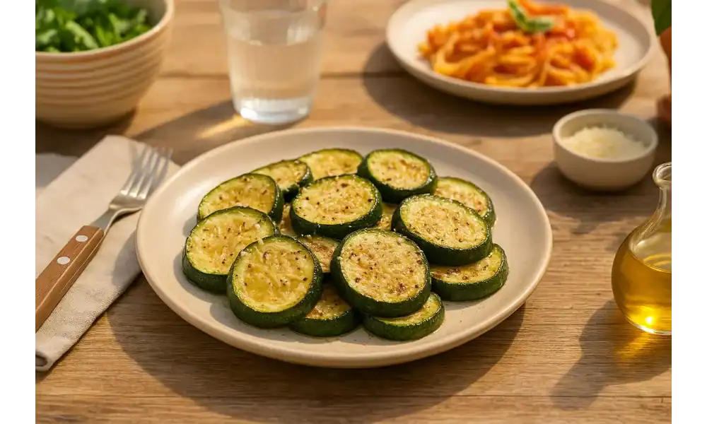 Plate of golden roasted zucchini slices served with olive oil and pasta on a sunny lunch table.