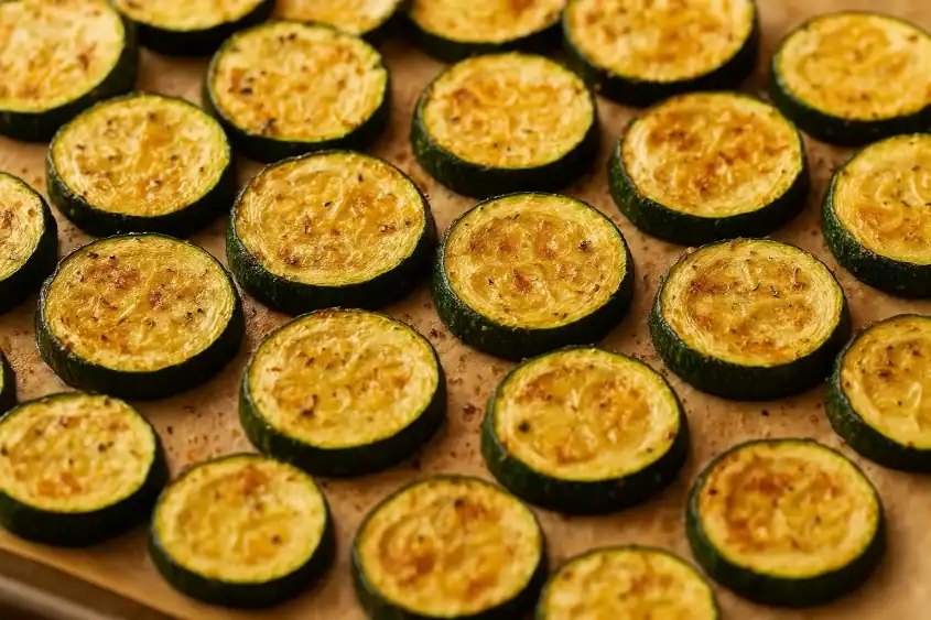 Close-up of golden roasted zucchini slices on parchment paper, seasoned with herbs and spices.