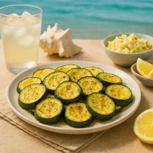 Plate of roasted zucchini slices served with lemon wedges, coleslaw, and iced lemonade by the beach.