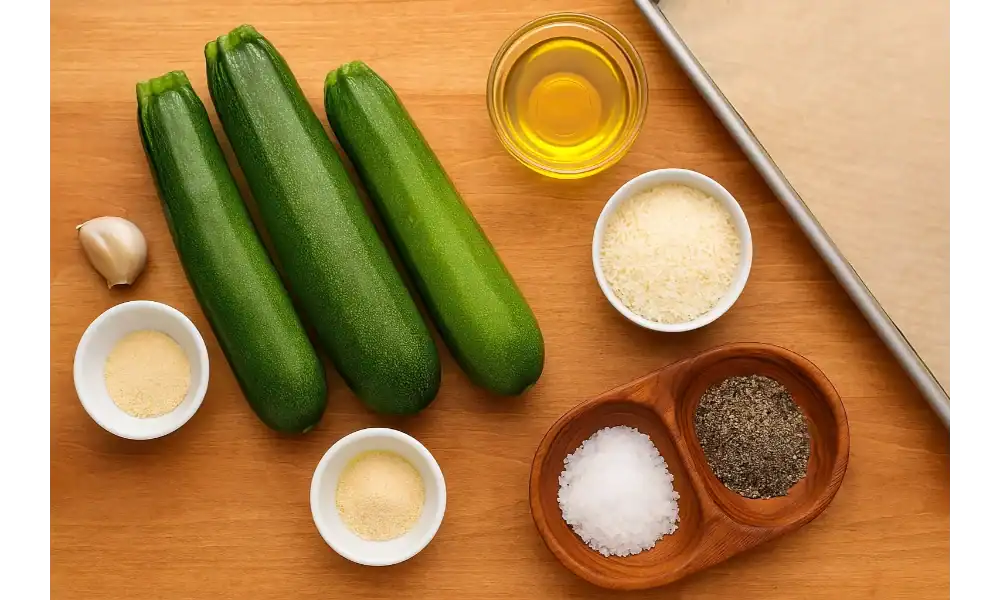Fresh zucchini, olive oil, Parmesan cheese, garlic, salt, and pepper arranged on a wooden surface with a baking sheet.