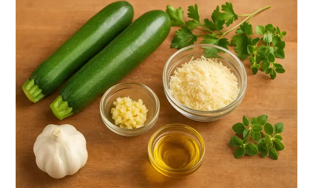 Fresh zucchini, garlic, Parmesan cheese, olive oil, and herbs on a wooden surface – ingredients for roasted zucchini parmesan.