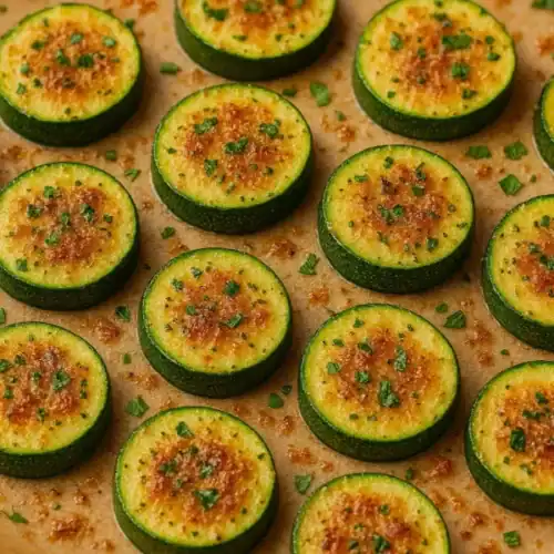 Oven-roasted zucchini rounds topped with golden Parmesan, garlic, and fresh herbs on parchment paper.