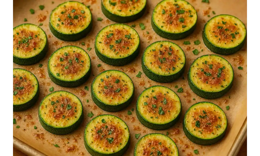 Oven-roasted zucchini rounds topped with golden Parmesan, garlic, and fresh herbs on parchment paper.