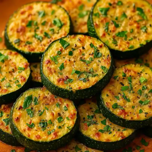 Golden roasted zucchini rounds with melted Parmesan, garlic, and fresh parsley on top.