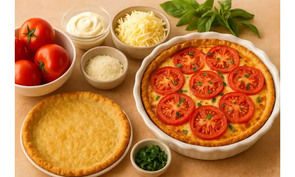 Fresh summer tomato pie in a golden flaky crust with ripe tomatoes, cheese, basil, and ingredients displayed around it.