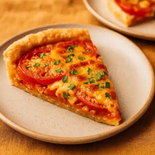 A slice of summer tomato pie with golden crust, melted cheese, juicy tomato slices, and fresh herbs on a plate.