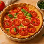 Whole summer tomato pie with golden crust, topped with fresh tomato slices, basil, and parsley on a rustic table.