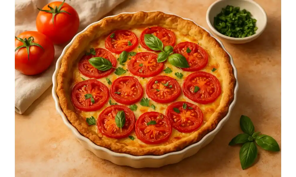 Whole summer tomato pie with golden crust, topped with fresh tomato slices, basil, and parsley on a rustic table.
