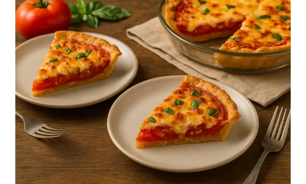 Two slices of summer tomato pie on plates with golden crust, melted cheese, and fresh herbs, served on a rustic wooden table.